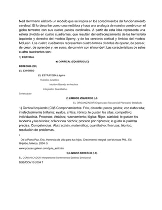 Ned  Herrmann  elaboró un modelo que se inspira en los conocimientos del funcionamiento
cerebral.  Él  lo  describe  como una metáfora y hace una analogía de nuestro cerebro con el
globo  terrestre  con   sus  cuatro  puntos  cardinales.  A  partir  de  esta  idea  representa  una
esfera  dividida en cuatro  cuadrantes, que  resultan  del entrecruzamiento  de los hemisferio
izquierdo  y  derecho  del  modelo  Sperry,  y  de  los  cerebros  cortical  y  límbico  del  modelo
McLean.  Los  cuatro cuadrantes representan cuatro formas distintas de operar, de pensar,
de crear, de  aprender y,  en suma, de convivir con el mundo4. Las características de estos
cuatro cuadrantes son:
1) CORTICAL
4) CORTICAL IZQUIERDO (CI)
DERECHO (CD)
EL EXPERTO
EL ESTRATEGA Lógico
Holístico Analítico
Intuitivo Basado en hechos
Integrador Cuantitativo
Sintetizador
2) LÍMBICO IZQUIERDO (LI)
EL ORGANIZADOR Organizado Secuencial Planeador Detallado

1) Cortical Izquierdo (CI)5 Comportamientos: Frío, distante; pocos gestos; voz elaborada;
intelectualmente brillante; evalúa, critica; irónico; le gustan las citas; competitivo;
individualista. Procesos: Análisis; razonamiento; lógica; Rigor, claridad; le gustan los
modelos y las teorías; colecciona hechos; procede por hipótesis; le gusta la palabra
precisa. Competencias: Abstracción; matemático; cuantitativo; finanzas; técnico;
resolución de problemas.
4

De la Parra Paz, Eric, Herencia de vida para tus hijos. Crecimiento integral con técnicas PNL, Ed.
Grijalbo, México, 2004. 5
www.pcazau.galeon.com/guia_esti.htm
3) LÍMBICO DERECHO (LD)
EL COMUNICADOR Interpersonal Sentimientos Estético Emocional

DGB/DCA/12­2004 7

 