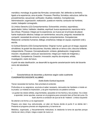 maniático; monologa; le gustan las fórmulas; conservador, fiel; defiende su territorio;
ligado a la experiencia, ama el poder. Procesos: Planifica; formaliza; estructura; define los
procedimientos; secuencial; verificador; ritualista; metódico. Competencias:
Administración; organización; realización, puesta en marcha; conductor de hombres;
orador; trabajador consagrado.
3) Límbico Derecho (LD) Comportamientos: Extravertido; emotivo; espontáneo;
gesticulador; lúdico; hablador; idealista, espiritual; busca aquiescencia; reacciona mal a
las críticas. Procesos: Integra por la experiencia; se mueve por el principio de placer;
fuerte implicación afectiva; trabaja con sentimientos; escucha; pregunta; necesidad de
compartir; necesidad de armonía; evalúa los comportamientos. Competencias:
Relacional; contactos humanos; diálogo; enseñanza; trabajo en equipo; expresión oral y
escrita.
4) Cortical Derecho (CD) Comportamientos: Original; humor; gusto por el riesgo; espacial;
simultáneo; le gustan las discusiones; futurista; salta de un tema a otro; discurso brillante;
independiente. Procesos: Conceptualización; síntesis; globalización; imaginación;
intuición; visualización; actúa por asociaciones; integra por medio de imágenes y
metáforas. Competencia: Creación; innovación; espíritu de empresa; artista;
investigación; visión de futuro.
A partir de esta clasificación, se desarrolló la siguiente caracterización tanto del docente
como del estudiante
6

:
Características de docentes y alumnos según cada cuadrante
CUADRANTES DOCENTE ALUMNO
Estilo Estilo Cortical Izquierdo
Tienen necesidad de hechos. Dan prioridad al contenido
Profundiza  en  su  asignatura,  acumula  el  saber  necesario, demuestra  las hipótesis  e  insiste  en
la prueba. Le molesta la imprecisión, y da gran importancia a la palabra correcta.
Le gustan las clases sólidas, argumentadas, apoyadas en los hechos y las pruebas. Va a clase
a aprender, tomar apuntes, avanzar en el programa para conocerlo bien al final del curso. Es
buen alumno a condición de que se le de “materia”. Límbico Izquierdo
Se atienen a la forma y a la organización
Prepara  una  clase  muy  estructurada,  un  plan  sin   fisuras  donde  el  punto  II  va  detrás  del  I.
Presenta el programa previsto sin disgresiones y lo termina en
Metódico,  organizado,  y  frecuentemente  meticuloso;  lo  desborda  la  toma  de  apuntes  porque
intenta ser claro y limpio. Llega a copiar de nuevo un

 