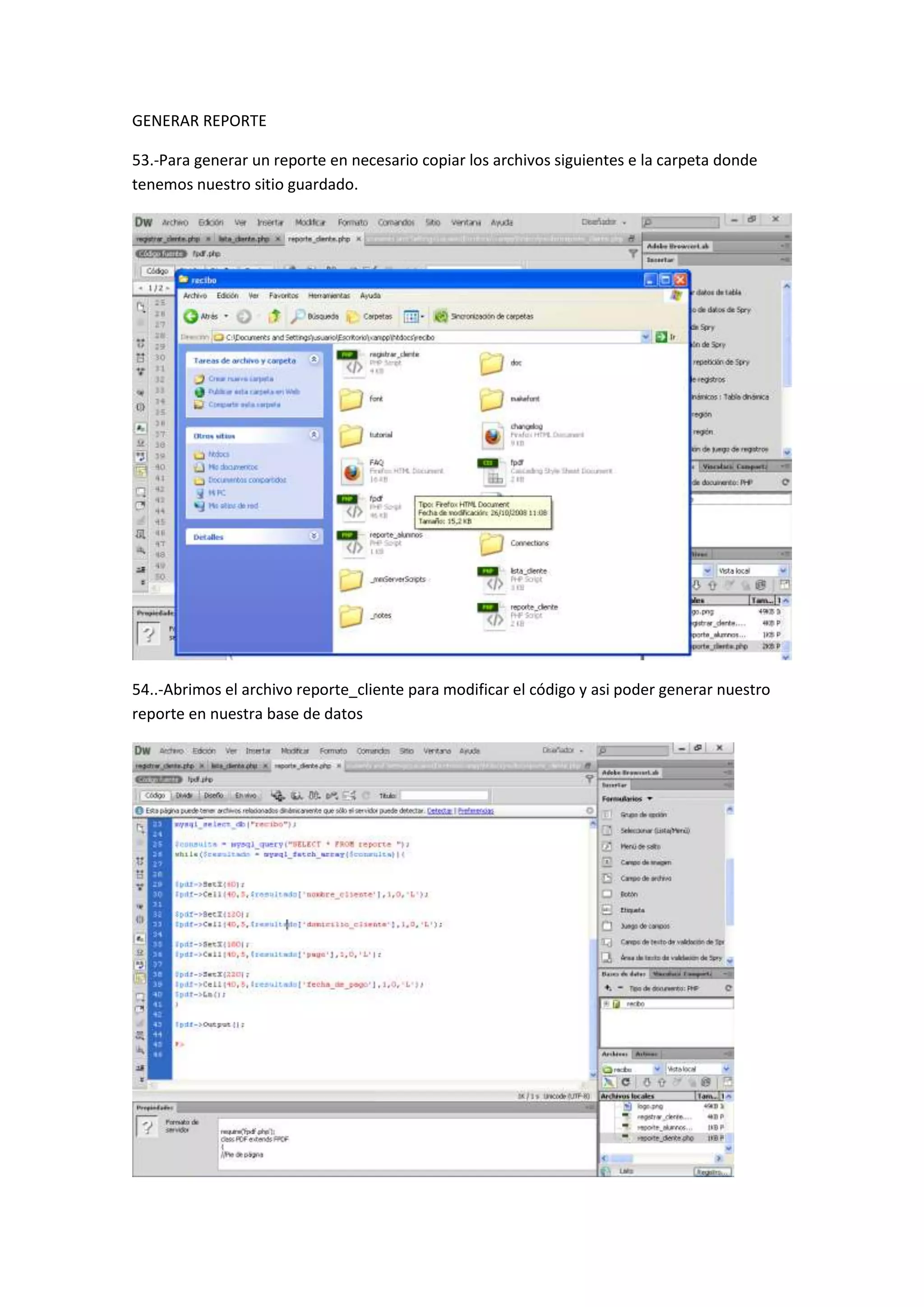 GENERAR REPORTE
53.-Para generar un reporte en necesario copiar los archivos siguientes e la carpeta donde
tenemos nuestro sitio guardado.

54..-Abrimos el archivo reporte_cliente para modificar el código y asi poder generar nuestro
reporte en nuestra base de datos

 