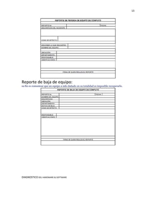 13

Reporte de baja de equipo:
su fin es comunicar que un equipo a sido dañado en su totalidad es imposible recuperarlo.

DIAGNOSTICO DEL HARDWARE & SOFTWARE

 
