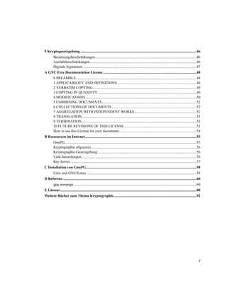 5 Kryptogesetzgebung .............................................................................................................................46
Benutzungsbeschränkungen.............................................................................................................46
Ausfuhrbeschränkungen...................................................................................................................46
Digitale Signaturen ..........................................................................................................................47
A GNU Free Documentation License.....................................................................................................48
0 PREAMBLE .................................................................................................................................48
1 APPLICABILITY AND DEFINITIONS .....................................................................................48
2 VERBATIM COPYING................................................................................................................49
3 COPYING IN QUANTITY ..........................................................................................................49
4 MODIFICATIONS........................................................................................................................50
5 COMBINING DOCUMENTS......................................................................................................52
6 COLLECTIONS OF DOCUMENTS ...........................................................................................52
7 AGGREGATION WITH INDEPENDENT WORKS...................................................................52
8 TRANSLATION ...........................................................................................................................53
9 TERMINATION............................................................................................................................53
10 FUTURE REVISIONS OF THIS LICENSE..............................................................................53
How to use this License for your documents ...................................................................................54
B Ressourcen im Internet........................................................................................................................55
GnuPG..............................................................................................................................................55
Kryptographie allgemein..................................................................................................................56
Kryptographie-Gesetzgebung ..........................................................................................................56
Link-Sammlungen............................................................................................................................56
Key Server........................................................................................................................................57
C Installation von GnuPG.......................................................................................................................58
Unix und GNU/Linux ......................................................................................................................58
D Referenz ................................................................................................................................................60
gpg manpage ....................................................................................................................................60
E Glossar...................................................................................................................................................80
Weitere Bücher zum Thema Kryptographie.........................................................................................92

4

 
