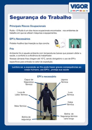 Segurança do Trabalho
Principais Riscos Ocupacionais
Ruído - O Ruído é um dos riscos ocupacionais encontrados nos ambientes de
trabalho em que se utilizam máquinas e equipamentos. 
EPI´s Necessários
Protetor Auditivo tipo Inserção ou tipo concha
Frio
Ambiente frio é aquele ambiente com temperaturas baixas que possam afetar a
saúde, o conforto e a eficiência do trabalhador.
Nossas câmaras frias chegam até 10°C, sendo obrigatório o uso de EPI´s
específicos para entrada no setor de expedição.
Lembre-se: a exposição ao frio pode trazer graves consequências ao
corpo humano, use EPI´s , proteja sua saúde
EPI´s necessário
Capuz de
Segurança
Térmico
Luva de
Látex Térmica
Meia Térmica
Botina de
segurança
Japona
Térmica
Luva
Térmica
Calça
Térmica
Botina de
Segurança térmica
cano longo
 