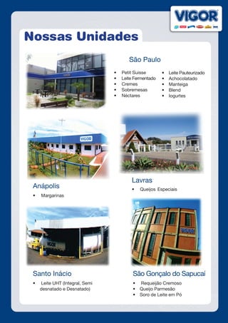 Nossas Unidades
São Paulo
•	 Petit Suisse
•	 Leite Fermentado
•	 Cremes
•	 Sobremesas
•	 Néctares
•	 Leite Pauteurizado
•	 Achocolatado
•	 Manteiga
•	 Blend
•	 Iogurtes
Anápolis
•	 Margarinas
Lavras
•	 Queijos Especiais
Santo Inácio
•	 Leite UHT (Integral, Semi
desnatado e Desnatado)
São Gonçalo do Sapucaí
•	 Requeijão Cremoso
•	 Queijo Parmesão
•	 Soro de Leite em Pó
 
