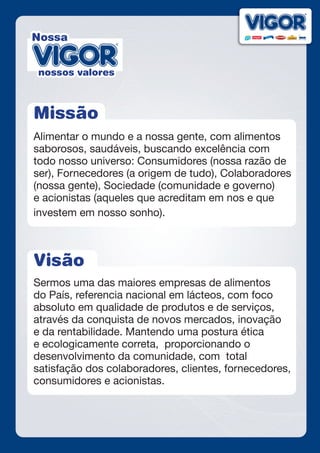 Missão
Alimentar o mundo e a nossa gente, com alimentos
saborosos, saudáveis, buscando excelência com
todo nosso universo: Consumidores (nossa razão de
ser), Fornecedores (a origem de tudo), Colaboradores
(nossa gente), Sociedade (comunidade e governo)
e acionistas (aqueles que acreditam em nos e que
investem em nosso sonho).
Visão
Sermos uma das maiores empresas de alimentos
do País, referencia nacional em lácteos, com foco
absoluto em qualidade de produtos e de serviços,
através da conquista de novos mercados, inovação
e da rentabilidade. Mantendo uma postura ética
e ecologicamente correta, proporcionando o
desenvolvimento da comunidade, com total
satisfação dos colaboradores, clientes, fornecedores,
consumidores e acionistas.
Nossa
nossos valores
 