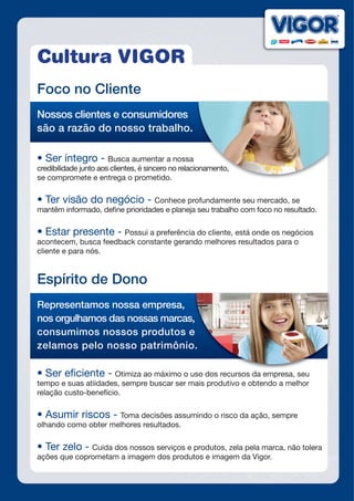 Cultura VIGOR
Foco no Cliente
Nossos clientes e consumidores
são a razão do nosso trabalho.
•	Ser	íntegro	-	Busca aumentar a nossa
credibilidade junto aos clientes, é sincero no relacionamento,
se compromete e entrega o prometido.
•	Ter	visão	do	negócio	-	Conhece profundamente seu mercado, se
mantêm informado, define prioridades e planeja seu trabalho com foco no resultado.
•	Estar	presente	-	Possui a preferência do cliente, está onde os negócios
acontecem, busca feedback constante gerando melhores resultados para o
cliente e para nós.
Espírito de Dono
Representamos nossa empresa,
nos orgulhamos das nossas marcas,
consumimos nossos produtos e
zelamos pelo nosso patrimônio.
•	Ser	efi	ciente	-	Otimiza ao máximo o uso dos recursos da empresa, seu
tempo e suas atiidades, sempre buscar ser mais produtivo e obtendo a melhor
relação custo-benefício.
•	Asumir	riscos	-	Toma decisões assumindo o risco da ação, sempre
olhando como obter melhores resultados.
•	Ter	zelo	-	Cuida dos nossos serviços e produtos, zela pela marca, não tolera
ações que coprometam a imagem dos produtos e imagem da Vigor.
credibilidade junto aos clientes, é sincero no relacionamento,
nos orgulhamos das nossas marcas,
consumimos nossos produtos e
zelamos pelo nosso patrimônio.
 