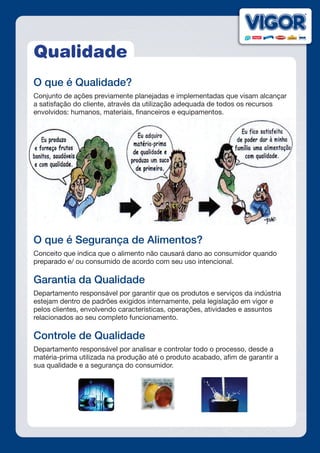 Qualidade
O que é Qualidade?
Conjunto de ações previamente planejadas e implementadas que visam alcançar
a satisfação do cliente, através da utilização adequada de todos os recursos
envolvidos: humanos, materiais, financeiros e equipamentos.
O que é Segurança de Alimentos?
Conceito que indica que o alimento não causará dano ao consumidor quando
preparado e/ ou consumido de acordo com seu uso intencional.
Garantia da Qualidade
Departamento responsável por garantir que os produtos e serviços da indústria
estejam dentro de padrões exigidos internamente, pela legislação em vigor e
pelos clientes, envolvendo características, operações, atividades e assuntos
relacionados ao seu completo funcionamento.
Controle de Qualidade
Departamento responsável por analisar e controlar todo o processo, desde a
matéria-prima utilizada na produção até o produto acabado, afim de garantir a
sua qualidade e a segurança do consumidor.
 