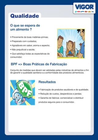 Qualidade
O que se espera de
um alimento ?
• Proveniente de boas matérias-primas;
• Preparado com cuidados;
• Agradáveis em sabor, aroma e aspecto;
• Não prejudicial a saúde;
• Que satisfaça todas as expectativas do
consumidor;
BPF => Boas Práticas de Fabricação
Conjunto de medidas que devem ser adotadas pelas indústrias de alimentos a fim
de garantir a qualidade sanitária e a conformidade dos produtos alimentícios.
Resultados
• Fabricação de produtos saudáveis e de qualidade;
• Redução de custos, desperdícios e perdas;
• Garantia de fabricar, comercializar e distribuir
produtos seguros para o consumidor.
 