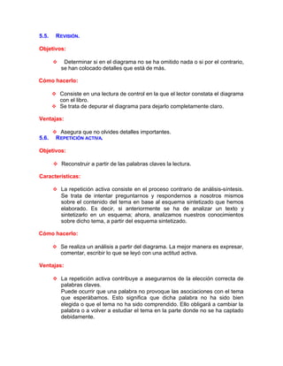 5.5. REVISIÓN.
Objetivos:
v Determinar si en el diagrama no se ha omitido nada o si por el contrario,
se han colocado detalles que está de más.
Cómo hacerlo:
v Consiste en una lectura de control en la que el lector constata el diagrama
con el libro.
v Se trata de depurar el diagrama para dejarlo completamente claro.
Ventajas:
v Asegura que no olvides detalles importantes.
5.6. REPETICIÓN ACTIVA.
Objetivos:
v Reconstruir a partir de las palabras claves la lectura.
Características:
v La repetición activa consiste en el proceso contrario de análisis-síntesis.
Se trata de intentar preguntarnos y respondernos a nosotros mismos
sobre el contenido del tema en base al esquema sintetizado que hemos
elaborado. Es decir, si anteriormente se ha de analizar un texto y
sintetizarlo en un esquema; ahora, analizamos nuestros conocimientos
sobre dicho tema, a partir del esquema sintetizado.
Cómo hacerlo:
v Se realiza un análisis a partir del diagrama. La mejor manera es expresar,
comentar, escribir lo que se leyó con una actitud activa.
Ventajas:
v La repetición activa contribuye a asegurarnos de la elección correcta de
palabras claves.
Puede ocurrir que una palabra no provoque las asociaciones con el tema
que esperábamos. Esto significa que dicha palabra no ha sido bien
elegida o que el tema no ha sido comprendido. Ello obligará a cambiar la
palabra o a volver a estudiar el tema en la parte donde no se ha captado
debidamente.
 