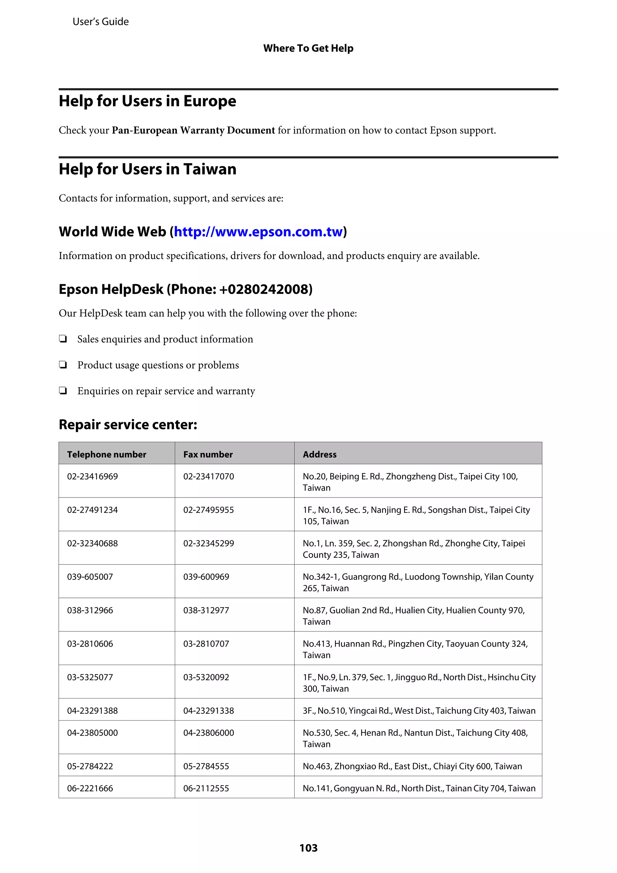 Help for Users in Europe
Check your Pan-European Warranty Document for information on how to contact Epson support.
Help for Users in Taiwan
Contacts for information, support, and services are:
World Wide Web (http://www.epson.com.tw)
Information on product specifications, drivers for download, and products enquiry are available.
Epson HelpDesk (Phone: +0280242008)
Our HelpDesk team can help you with the following over the phone:
❏ Sales enquiries and product information
❏ Product usage questions or problems
❏ Enquiries on repair service and warranty
Repair service center:
Telephone number Fax number Address
02-23416969 02-23417070 No.20, Beiping E. Rd., Zhongzheng Dist., Taipei City 100,
Taiwan
02-27491234 02-27495955 1F., No.16, Sec. 5, Nanjing E. Rd., Songshan Dist., Taipei City
105, Taiwan
02-32340688 02-32345299 No.1, Ln. 359, Sec. 2, Zhongshan Rd., Zhonghe City, Taipei
County 235, Taiwan
039-605007 039-600969 No.342-1, Guangrong Rd., Luodong Township, Yilan County
265, Taiwan
038-312966 038-312977 No.87, Guolian 2nd Rd., Hualien City, Hualien County 970,
Taiwan
03-2810606 03-2810707 No.413, Huannan Rd., Pingzhen City, Taoyuan County 324,
Taiwan
03-5325077 03-5320092 1F., No.9, Ln. 379, Sec. 1, Jingguo Rd., North Dist., Hsinchu City
300, Taiwan
04-23291388 04-23291338 3F., No.510, Yingcai Rd., West Dist., Taichung City 403, Taiwan
04-23805000 04-23806000 No.530, Sec. 4, Henan Rd., Nantun Dist., Taichung City 408,
Taiwan
05-2784222 05-2784555 No.463, Zhongxiao Rd., East Dist., Chiayi City 600, Taiwan
06-2221666 06-2112555 No.141, Gongyuan N. Rd., North Dist., Tainan City 704, Taiwan
User’s Guide
Where To Get Help
103
 