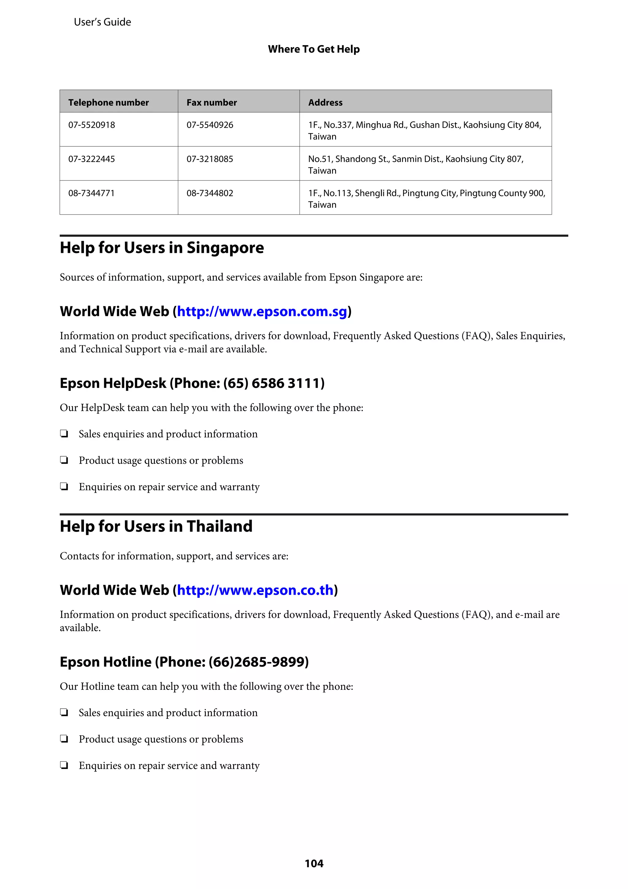 Telephone number Fax number Address
07-5520918 07-5540926 1F., No.337, Minghua Rd., Gushan Dist., Kaohsiung City 804,
Taiwan
07-3222445 07-3218085 No.51, Shandong St., Sanmin Dist., Kaohsiung City 807,
Taiwan
08-7344771 08-7344802 1F., No.113, Shengli Rd., Pingtung City, Pingtung County 900,
Taiwan
Help for Users in Singapore
Sources of information, support, and services available from Epson Singapore are:
World Wide Web (http://www.epson.com.sg)
Information on product specifications, drivers for download, Frequently Asked Questions (FAQ), Sales Enquiries,
and Technical Support via e-mail are available.
Epson HelpDesk (Phone: (65) 6586 3111)
Our HelpDesk team can help you with the following over the phone:
❏ Sales enquiries and product information
❏ Product usage questions or problems
❏ Enquiries on repair service and warranty
Help for Users in Thailand
Contacts for information, support, and services are:
World Wide Web (http://www.epson.co.th)
Information on product specifications, drivers for download, Frequently Asked Questions (FAQ), and e-mail are
available.
Epson Hotline (Phone: (66)2685-9899)
Our Hotline team can help you with the following over the phone:
❏ Sales enquiries and product information
❏ Product usage questions or problems
❏ Enquiries on repair service and warranty
User’s Guide
Where To Get Help
104
 