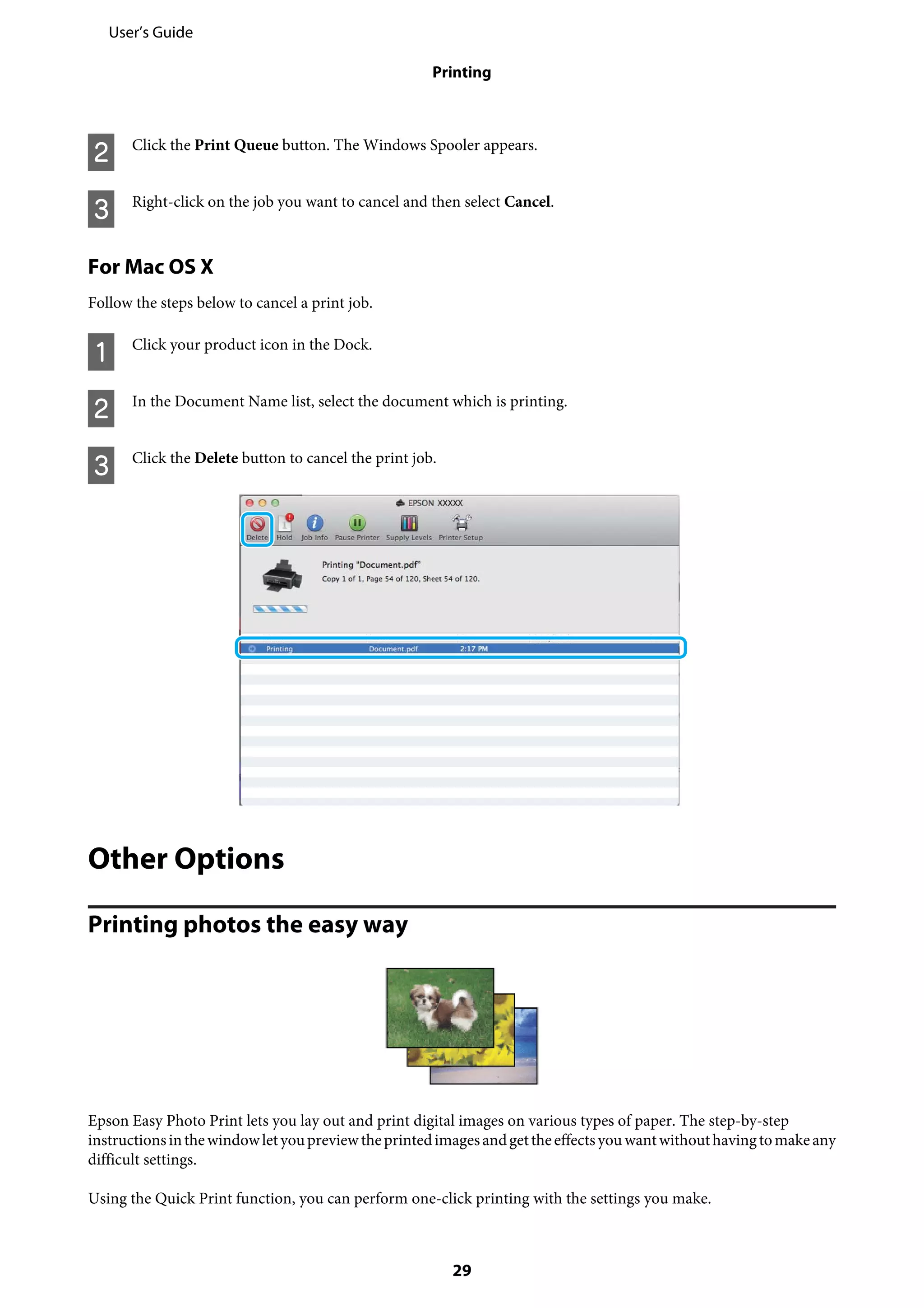 B Click the Print Queue button. The Windows Spooler appears.
C Right-click on the job you want to cancel and then select Cancel.
For Mac OS X
Follow the steps below to cancel a print job.
A Click your product icon in the Dock.
B In the Document Name list, select the document which is printing.
C Click the Delete button to cancel the print job.
Other Options
Printing photos the easy way
Epson Easy Photo Print lets you lay out and print digital images on various types of paper. The step-by-step
instructionsinthewindowletyoupreviewtheprintedimagesandgettheeffectsyouwantwithouthavingtomakeany
difficult settings.
Using the Quick Print function, you can perform one-click printing with the settings you make.
User’s Guide
Printing
29
 