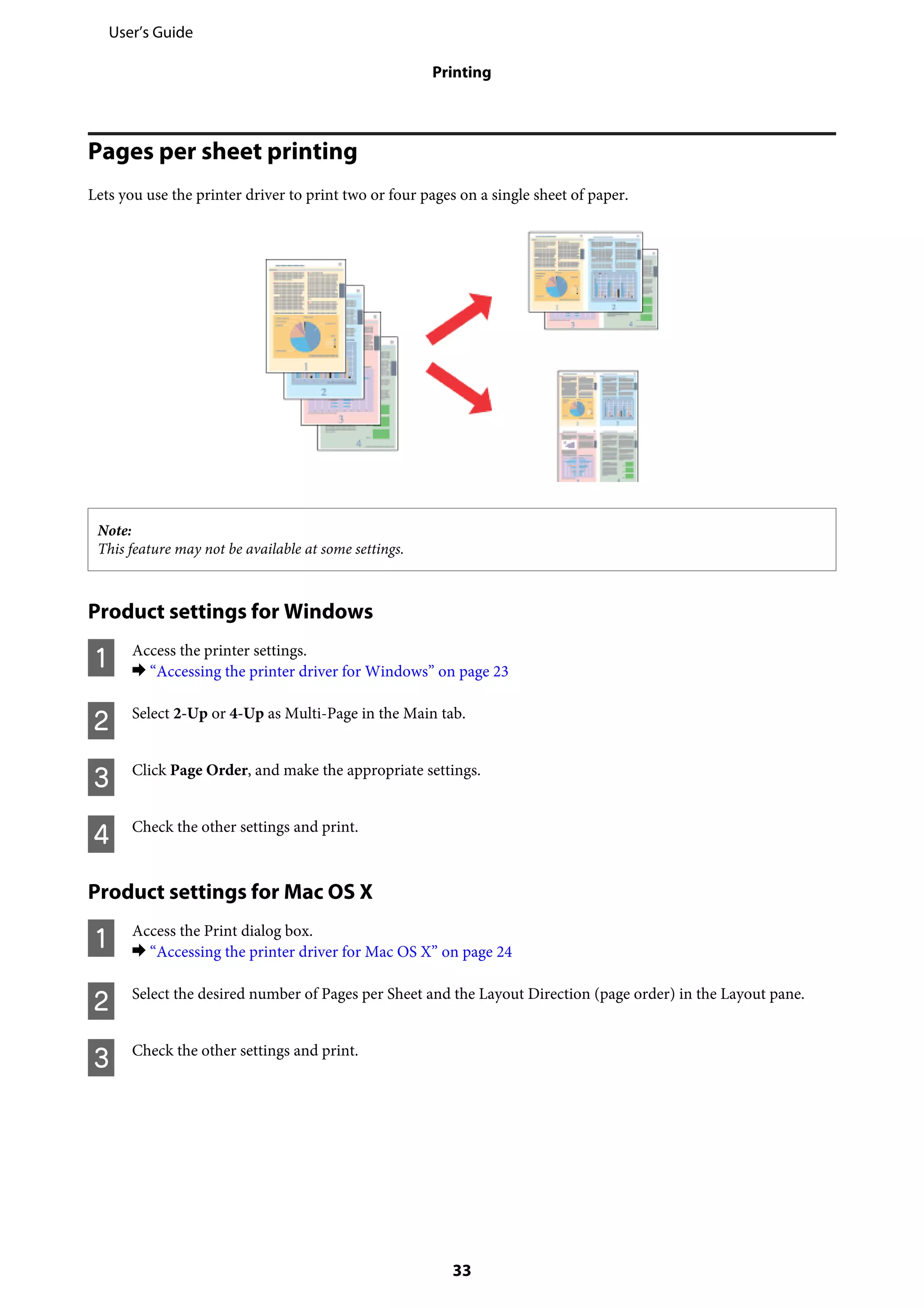 Pages per sheet printing
Lets you use the printer driver to print two or four pages on a single sheet of paper.
Note:
This feature may not be available at some settings.
Product settings for Windows
A Access the printer settings.
& “Accessing the printer driver for Windows” on page 23
B Select 2-Up or 4-Up as Multi-Page in the Main tab.
C Click Page Order, and make the appropriate settings.
D Check the other settings and print.
Product settings for Mac OS X
A Access the Print dialog box.
& “Accessing the printer driver for Mac OS X” on page 24
B Select the desired number of Pages per Sheet and the Layout Direction (page order) in the Layout pane.
C Check the other settings and print.
User’s Guide
Printing
33
 