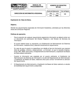 Fecha de Elaboración No. de Página
Mes Año
0 8 2006
NÚMERO DE REGISTRO
MP-005
MANUAL DE
PROCEDIMIENTOS
DIRECCIÓN DE INFORMÁTICA REGIONAL 124
Explotación de Base de Datos.
Objetivo.
Atender los requerimientos especiales de información Estadística, solicitados por las diferentes
áreas de la Dirección Regional.
Políticas de operación.
- Para la atención de cualquier requerimiento especial de información se deberá contar con
un documento de autorización del Director Regional o del Director de Servicios de
Información.
- El usuario deberá hacer su requisición a la Subdirección de Administración de Sistemas
de Información, mediante oficio y describir brevemente el requerimiento.
- En caso de que el usuario no especifique con detalle el tipo de información que requiere
(lista de variables, criterios y observaciones) y el formato en que lo necesita (Impreso,
Excel, DBF, MDB, entre otros), el Departamento de Administración y explotación de Bases
de Datos deberá solicitarlos.
- Cuando la Información sea aceptada por el usuario solicitante, el Subdirector de
Administración de Sistemas de Información ó el Jefe del Departamento de Administración
y Explotación de Bases de Datos, elaborará oficio para concluir formalmente la atención
del requerimiento.
El Departamento de Administración y Explotación de Bases de Datos realizará un estudio
de factibilidad del requerimiento a desarrollar.
 