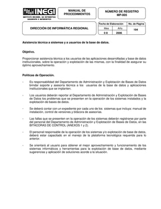 Fecha de Elaboración No. de Página
Mes Año
0 8 2006
NÚMERO DE REGISTRO
MP-005
MANUAL DE
PROCEDIMIENTOS
DIRECCIÓN DE INFORMÁTICA REGIONAL 194
Asistencia técnica a sistemas y a usuarios de la base de datos.
Objetivo.
Proporcionar asistencia técnica a los usuarios de las aplicaciones desarrolladas y base de datos
institucionales, sobre la operación y explotación de las mismas, con la finalidad de asegurar su
óptimo aprovechamiento.
Políticas de Operación.
- Es responsabilidad del Departamento de Administración y Explotación de Bases de Datos
brindar soporte y asesoría técnica a los usuarios de la base de datos y aplicaciones
institucionales que se implanten.
- Los usuarios deberán reportar al Departamento de Administración y Explotación de Bases
de Datos los problemas que se presenten en la operación de los sistemas instalados y la
explotación de bases de datos.
- Se deberá contar con un expediente por cada uno de los sistemas que incluya: manual de
instalación, control de versiones y bitácora de asesorías.
- Las fallas que se presenten en la operación de los sistemas deberán registrarse por parte
del personal del Departamento de Administración y Explotación de Bases de Datos, en las
BITÁCORAS DE CONTROL (ANEXOS 1 y 2).
- El personal responsable de la operación de los sistemas y/o explotación de base de datos,
deberá estar capacitado en el manejo de la plataforma tecnológica requerida para lo
anterior.
- Se orientará al usuario para obtener el mejor aprovechamiento y funcionamiento de los
sistemas informáticos y herramientas para la explotación de base de datos, mediante
sugerencias y aplicación de soluciones acorde a la situación.
 