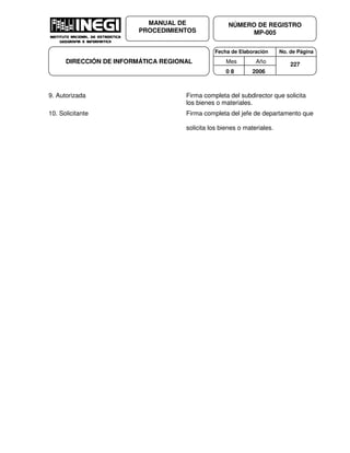 Fecha de Elaboración No. de Página
Mes Año
0 8 2006
NÚMERO DE REGISTRO
MP-005
MANUAL DE
PROCEDIMIENTOS
DIRECCIÓN DE INFORMÁTICA REGIONAL 227
9. Autorizada Firma completa del subdirector que solicita
los bienes o materiales.
10. Solicitante Firma completa del jefe de departamento que
solicita los bienes o materiales.
 