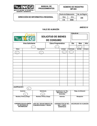 Fecha de Elaboración No. de Página
Mes Año
0 8 2006
NÚMERO DE REGISTRO
MP-005
MANUAL DE
PROCEDIMIENTOS
DIRECCIÓN DE INFORMÁTICA REGIONAL 228
ANEXO IV
VALE DE ALMACÉN
SOLICITUD DE BIENES
DE CONSUMO
FOLIO N°.
Área Solicitante Clave Programática: Día Mes Año
Clave Descripción Unidad Solicitada Surtida Compra
Justificación:
Autoriza Solicitante Subdirector de Rec.
Materiales y Serv.
Generales
Resp. de Almacén
Nombre, Firma y Cargo
_______________________
SUBDIRECTOR DE ADMÓN
DE SISTEMAS DE
INFORMACIÓN
Nombre, Firma y Cargo
__________________________
JEFE DEL DEPARTAMENTO DE
COMUNICACIONES Y REDES
Autoriza
____________________
SUBDIRECTOR DE REC.
MAT. Y SERV.
GENERALES
Recepción
________________________
ENCARGADO DE ALMACÉN
21 3
4 5 6 7
9
8
10
 