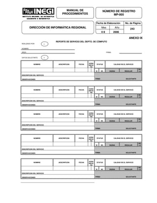 Fecha de Elaboración No. de Página
Mes Año
0 8 2006
NÚMERO DE REGISTRO
MP-005
MANUAL DE
PROCEDIMIENTOS
DIRECCIÓN DE INFORMÁTICA REGIONAL 243
ANEXO IX
REPORTE DE SERVICIO DEL DEPTO. DE CÓMPUTO
REALIZADO POR:
NOMBRE:
ÁREA: FIRMA:
DATOS SOLICITANTE
NOMBRE ADSCRIPCION FECHA
HORA
INICIO
FIN
STATUS CALIDAD EN EL SERVICIO
SI NO BUENA REGULAR
MA
LA
DESCRIPCION DEL SERVICIO
OBSERVACIONES FIRMA SOLICITANTE
NOMBRE ADSCRIPCION FECHA
HORA
INICIO
FIN
STATUS CALIDAD EN EL SERVICIO
SI NO BUENA REGULAR
MA
LA
DESCRIPCION DEL SERVICIO
OBSERVACIONES FIRMA SOLICITANTE
NOMBRE ADSCRIPCION FECHA
HORA
INICIO
FIN
STATUS CALIDAD EN EL SERVICIO
SI NO BUENA REGULAR
MA
LA
DESCRIPCION DEL SERVICIO
OBSERVACIONES FIRMA SOLICITANTE
NOMBRE ADSCRIPCION FECHA
HORA
INICIO
FIN
STATUS CALIDAD EN EL SERVICIO
SI NO BUENA REGULAR
MA
LA
DESCRIPCION DEL SERVICIO
OBSERVACIONES FIRMA SOLICITANTE
NOMBRE ADSCRIPCION FECHA
HORA
INICIO
FIN
STATUS CALIDAD EN EL SERVICIO
SI NO BUENA REGULAR
MA
LA
DESCRIPCION DEL SERVICIO
OBSERVACIONES FIRMA SOLICITANTE
1
2
 