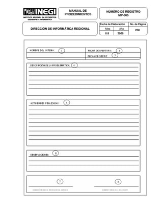 Fecha de Elaboración No. de Página
Mes Año
0 8 2006
NÚMERO DE REGISTRO
MP-005
MANUAL DE
PROCEDIMIENTOS
DIRECCIÓN DE INFORMÁTICA REGIONAL 250
1 2
3
4
5
6
7 8
 