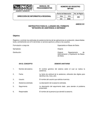 Fecha de Elaboración No. de Página
Mes Año
0 8 2006
NÚMERO DE REGISTRO
MP-005
MANUAL DE
PROCEDIMIENTOS
DIRECCIÓN DE INFORMÁTICA REGIONAL 255
ANEXO XV
INSTRUCTIVO PARA EL LLENADO DEL FORMATO
“BITÁCORA DE ASISTENCIA A SISTEMAS”
Objetivo
Registrar y controlar las solicitudes de asistencia técnica de las aplicaciones en producción, desarrolladas
local y centralmente con el fin de brindar un servicio oportuno y eficaz a los usuarios.
Formulación a cargo de: Especialista en Bases de Datos.
Ejemplares: Original.
Distribución: Original: Departamento de
Administración y Explotación de Bases
de Datos.
EN EL CONCEPTO DEBERÁ ANOTARSE
1. Nombre del sistema El nombre genérico del sistema sobre el cual se realiza la
asistencia.
2. Fecha La fecha de solicitud de la asistencia; utilizando dos dígitos para
identificar día, mes y año.
3. Usuario El nombre del usuario que solicita el servicio.
4. Asistencia solicitada La descripción de la asesoría solicitada.
5. Seguimiento La descripción del seguimiento dado para atender el problema
presentado.
6. Responsable El nombre de la persona que atendió la asesoría.
 