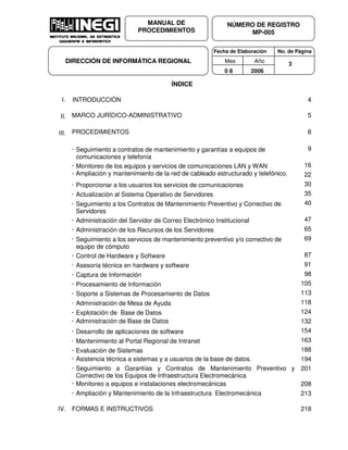Fecha de Elaboración No. de Página
Mes Año
0 8 2006
NÚMERO DE REGISTRO
MP-005
MANUAL DE
PROCEDIMIENTOS
DIRECCIÓN DE INFORMÁTICA REGIONAL 3
ÍNDICE
I. INTRODUCCIÓN 4
II. MARCO JURÍDICO-ADMINISTRATIVO 5
III. PROCEDIMIENTOS 8
¯¯¯¯ Seguimiento a contratos de mantenimiento y garantías a equipos de
comunicaciones y telefonía
9
¯¯¯¯ Monitoreo de los equipos y servicios de comunicaciones LAN y WAN 16
- Ampliación y mantenimiento de la red de cableado estructurado y telefónico. 22
¯¯¯¯ Proporcionar a los usuarios los servicios de comunicaciones 30
¯¯¯¯ Actualización al Sistema Operativo de Servidores 35
¯¯¯¯ Seguimiento a los Contratos de Mantenimiento Preventivo y Correctivo de
Servidores
40
¯¯¯¯ Administración del Servidor de Correo Electrónico Institucional 47
¯¯¯¯ Administración de los Recursos de los Servidores 65
¯¯¯¯ Seguimiento a los servicios de mantenimiento preventivo y/o correctivo de
equipo de cómputo
69
¯¯¯¯ Control de Hardware y Software 87
¯¯¯¯ Asesoría técnica en hardware y software 91
¯¯¯¯ Captura de Información 98
¯¯¯¯ Procesamiento de Información 105
¯¯¯¯ Soporte a Sistemas de Procesamiento de Datos 113
¯¯¯¯ Administración de Mesa de Ayuda 118
¯¯¯¯ Explotación de Base de Datos 124
¯¯¯¯ Administración de Base de Datos 132
¯¯¯¯ Desarrollo de aplicaciones de software 154
¯¯¯¯ Mantenimiento al Portal Regional de Intranet 163
¯¯¯¯ Evaluación de Sistemas 188
¯¯¯¯ Asistencia técnica a sistemas y a usuarios de la base de datos. 194
¯¯¯¯ Seguimiento a Garantías y Contratos de Mantenimiento Preventivo y
Correctivo de los Equipos de Infraestructura Electromecánica
201
¯¯¯¯ Monitoreo a equipos e instalaciones electromecánicas 208
¯¯¯¯ Ampliación y Mantenimiento de la Infraestructura Electromecánica 213
IV. FORMAS E INSTRUCTIVOS 218
 
