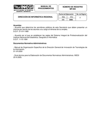 Fecha de Elaboración No. de Página
Mes Año
0 8 2006
NÚMERO DE REGISTRO
MP-005
MANUAL DE
PROCEDIMIENTOS
DIRECCIÓN DE INFORMÁTICA REGIONAL 7
Acuerdos
- Acuerdo que determina los servidores públicos de esta Secretaría que deben presentar un
informe por escrito de los asuntos a su cargo al retirarse de su empleo.
D.O.F. 21-X1I-1989
- Acuerdo por el que se establecen las reglas del Sistema Integral de Profesionalización del
Instituto Nacional de Estadística, Geografía e Informática
D.O.F. 11-XI-1994
Documentos Normativo-Administrativos
- Manual de Organización Específico de la Dirección General de Innovación de Tecnologías de
la Información.
01-VII-2004
- Guía técnica para la Elaboración de Documentos Normativos Administrativos. INEGI
25-X-2005.
 