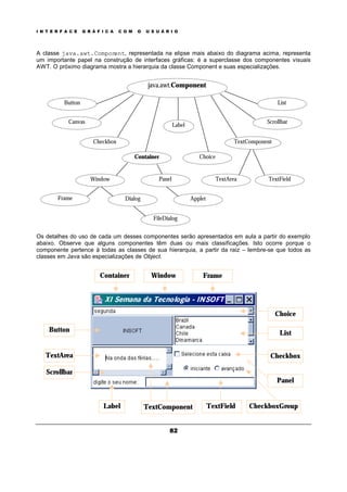 I N T E R F A C E G R Á F I C A C O M O U S U Á R I O
82
A classe java.awt.Component, representada na elipse mais abaixo do diagrama acima, representa
um importante papel na construção de interfaces gráficas: é a superclasse dos componentes visuais
AWT. O próximo diagrama mostra a hierarquia da classe Component e suas especializações.
Os detalhes do uso de cada um desses componentes serão apresentados em aula a partir do exemplo
abaixo. Observe que alguns componentes têm duas ou mais classificações. Isto ocorre porque o
componente pertence à todas as classes de sua hierarquia, a partir da raiz – lembre-se que todos as
classes em Java são especializações de Object.
java.awt.Component
Button
Canvas
Checkbox
Container
PanelWindow
DialogFrame
List
Scrollbar
TextComponent
Choice
Label
TextArea TextField
FileDialog
Applet
Label TextField
TextArea
Button
Checkbox
List
Frame
Choice
CheckboxGroup
Scrollbar
Panel
WindowContainer
TextComponent
 