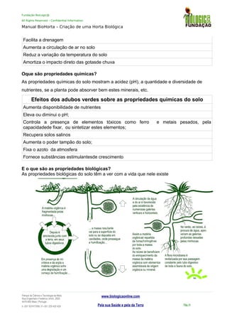 Fundação BioLogic@
All Rights Reserved – Confidential Information
Manual BioHorta – Criação de uma Horta Biológica
Facilita a drenagem
Aumenta a circulação de ar no solo
Reduz a variação da temperatura do solo
Amortiza o impacto direto das gotasde chuva
itos da matéria orgânica sobre aspriedades físicas do solo
Oque são propriedades químicas?
As propriedades químicas do solo mostram a acidez (pH), a quantidade e diversidade de
nutrientes, se a planta pode absorver bem estes minerais, etc.f
Efeitos dos adubos verdes sobre as propriedades quimicas do solo
Aumenta disponibilidade de nutrientes
Eleva ou diminui o pH;
Controla a presença de elementos tóxicos como ferro e metais pesados, pela
capacidadede fixar, ou sintetizar estes elementos;
Recupera solos salinos
Aumenta o poder tampão do solo;
Fixa o azoto da atmosfera
Fornece substâncias estimulantesde crescimento
eitos da matéria orgânica sobre asriedades químicas do solo
E o que são as propriedades biológicas?
As propriedades biológicas do solo têm a ver com a vida que nele existe
Parque da Ciência e Tecnologia da Maia
Rua Engenheiro Frederico Ulrich, 2650
4470-605 Maia | Portugal
t +351 937417095 | f +351 229 420 429
www.biologicaonline.com
Pela sua Saúde e pela da Terra Pág.14
 