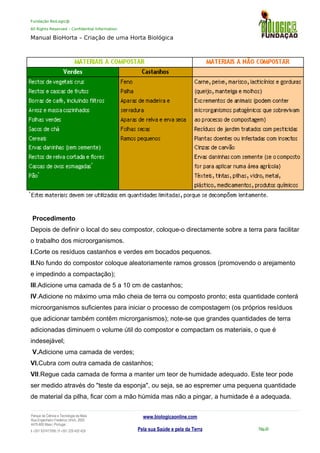 Fundação BioLogic@
All Rights Reserved – Confidential Information
Manual BioHorta – Criação de uma Horta Biológica
Procedimento
Depois de definir o local do seu compostor, coloque-o directamente sobre a terra para facilitar
o trabalho dos microorganismos.
I.Corte os resíduos castanhos e verdes em bocados pequenos.
II.No fundo do compostor coloque aleatoriamente ramos grossos (promovendo o arejamento
e impedindo a compactação);
III.Adicione uma camada de 5 a 10 cm de castanhos;
IV.Adicione no máximo uma mão cheia de terra ou composto pronto; esta quantidade conterá
microorganismos suficientes para iniciar o processo de compostagem (os próprios resíduos
que adicionar também contêm microrganismos); note-se que grandes quantidades de terra
adicionadas diminuem o volume útil do compostor e compactam os materiais, o que é
indesejável;
V.Adicione uma camada de verdes;
VI.Cubra com outra camada de castanhos;
VII.Regue cada camada de forma a manter um teor de humidade adequado. Este teor pode
ser medido através do "teste da esponja", ou seja, se ao espremer uma pequena quantidade
de material da pilha, ficar com a mão húmida mas não a pingar, a humidade é a adequada.
Parque da Ciência e Tecnologia da Maia
Rua Engenheiro Frederico Ulrich, 2650
4470-605 Maia | Portugal
t +351 937417095 | f +351 229 420 429
www.biologicaonline.com
Pela sua Saúde e pela da Terra Pág.40
 