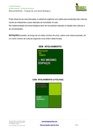 Fundação BioLogic@
All Rights Reserved – Confidential Information
Manual BioHorta – Criação de uma Horta Biológica
Pode observar-se mas bancadas a cobertura orgânica com palha para protecção das culturas
contra as infestantes e para retenção da humidade no solo.
Na implementaçõa da horta biológica deve ter-se partiular atenção à rotação das culturas e
às consociações.
ROTAÇÃOSucessão, ao longo de um dado número de anos, sobre uma mesma parcela, de
um certo número de culturas seguindo uma ordem determinada.
SEM AFOLHAMENTO
COM AFOLHAMENTO (4 FOLHAS)
Parque da Ciência e Tecnologia da Maia
Rua Engenheiro Frederico Ulrich, 2650
4470-605 Maia | Portugal
t +351 937417095 | f +351 229 420 429
www.biologicaonline.com
Pela sua Saúde e pela da Terra Pág.56
ROTAÇÃO
NO
TEMPO
 NO MESMO
ESPAÇO
E NO
ESPAÇO
ROTAÇÃO
NO TEMPO
 