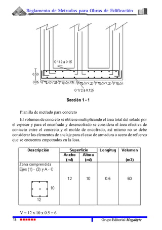 Reglamento de Metrados para Obras de Edificación
14 Grupo Editorial Megabyte
Planilla de metrado para concreto
El volumen de concreto se obtiene multiplicando el área total del solado por
el espesor y para el encofrado y desencofrado se considera el área efectiva de
contacto entre el concreto y el molde de encofrado, así mismo no se debe
considerar los elementos de anclaje para el caso de armadura o acero de refuerzo
que se encuentra empotrados en la losa.
V = 12 x 10 x 0.5 = 6
 