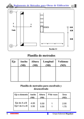 Reglamento de Metrados para Obras de Edificación
5 Grupo Editorial Megabyte
Eje Ancho
(Ml)
Altura Longitud Volúmne
(Ml) (Ml) (M3)
Planilla de metrados
Eje o elemento Ancho
(Ml)
Altura Nºde veces Área
(Ml) (M2)
Planilla de metrados para encofrado y
desencofrado
Eje de A a B
Eje1 de A a B
4.00
3.50
0.50
0.50
1
1
2.00
1.75
 