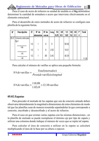 Reglamento de Metrados para Obras de Edificación
6 Grupo Editorial Megabyte
Para el caso de acero de refuerzo su unidad de medida es el Kg debiéndose
determinar la cantidad de armadura o acero que interviene efectivamente en el
elemento estructural.
Para el desarrollo de estos metrados de acero de refuerzo se configura una
plinilla de la siguiente forma.
Para calcular el número de varillas se aplica una pequeña formula:
05.02 Zapatas
Para proceder al metrado de las zapatas que son de concreto armado deben
observarse detenidamente la magnitud o dimensiones de estos elementos de modo
tal que las planillas sean de manera resumida separándolas la que corresponde a
concreto, encofrado y desencofrado y al acero de refuerzo.
Para el caso en que existan varias zapatas con las mismas dimenciones , en
la planilla de metrado se puede reemplazar el término eje por tipo de zapata y
utilizar una columna donde indique el número de veces que se repite tal zapata.
Para calcular el área de concreto a utilizar en la zapata se calculará
multiplicando el área de la base por su altura o espesor.
illas
x
illasdeN
xlongitudilladePeso
metradosTotal
illasdeN
var10.12
902.1
08.118
var#
)var(
)(
var#
==
=
 