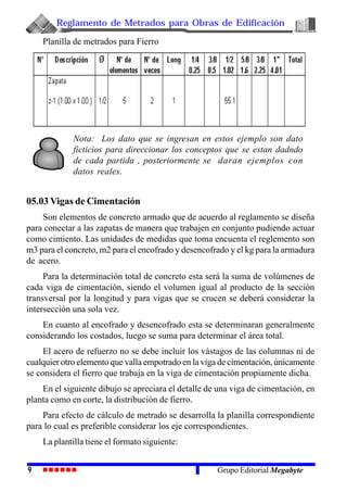 Reglamento de Metrados para Obras de Edificación
9 Grupo Editorial Megabyte
Planilla de metrados para Fierro
Nota: Los dato que se ingresan en estos ejemplo son dato
ficticios para direccionar los conceptos que se estan dadndo
de cada partida , posteriormente se daran ejemplos con
datos reales.
05.03 Vigas de Cimentación
Son elementos de concreto armado que de acuerdo al reglamento se diseña
para conectar a las zapatas de manera que trabajen en conjunto pudiendo actuar
como cimiento. Las unidades de medidas que toma encuenta el reglemento son
m3 para el concreto, m2 para el encofrado y desencofrado y el kg para la armadura
de acero.
Para la determinación total de concreto esta será la suma de volúmenes de
cada viga de cimentación, siendo el volumen igual al producto de la sección
transversal por la longitud y para vigas que se crucen se deberá considerar la
intersección una sola vez.
En cuanto al encofrado y desencofrado esta se determinaran generalmente
considerando los costados, luego se suma para determinar el área total.
El acero de refuerzo no se debe incluir los vástagos de las columnas ni de
cualquier otro elemento que valla empotrado en la viga de cimentación, únicamente
se considera el fierro que trabaja en la viga de cimentación propiamente dicha.
En el siguiente dibujo se apreciara el detalle de una viga de cimentación, en
planta como en corte, la distribución de fierro.
Para efecto de cálculo de metrado se desarrolla la planilla correspondiente
para lo cual es preferible considerar los eje correspondientes.
La plantilla tiene el formato siguiente:
 