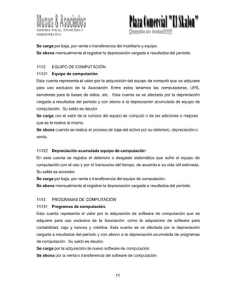 11
0
ASESORIA FISCAL, FINANCIERA Y
ADMINISTRATIVA
Se carga por baja, por venta o transferencia del mobiliario y equipo.
Se abona mensualmente al registrar la depreciación cargada a resultados del período.
1112 EQUIPO DE COMPUTACIÓN
11121 Equipo de computación
Esta cuenta representa el valor por la adquisición del equipo de computó que se adquiere
para uso exclusivo de la Asociación. Entre estos tenemos las computadoras, UPS,
servidores para la bases de datos, etc. Esta cuenta se ve afectada por la depreciación
cargada a resultados del período y con abono a la depreciación acumulada de equipo de
computación. Su saldo es deudor.
Se carga con el valor de la compra del equipo de computó o de las adiciones o mejoras
que se le realice al mismo.
Se abona cuando se realiza el proceso de baja del activo por su deterioro, depreciación o
venta.
11122 Depreciación acumulada equipo de computación
En esta cuenta se registra el deterioro o desgaste sistemático que sufre el equipo de
computación con el uso y por el transcurso del tiempo, de acuerdo a su vida útil estimada.
Su saldo es acreedor.
Se carga por baja, por venta o transferencia del equipo de computación.
Se abona mensualmente al registrar la depreciación cargada a resultados del período.
1113 PROGRAMAS DE COMPUTACIÓN
11131 Programas de computación.
Esta cuenta representa el valor por la adquisición de software de computación que se
adquiere para uso exclusivo de la Asociación, como la adquisición de software para
contabilidad, caja y bancos y créditos. Esta cuenta se ve afectada por la depreciación
cargada a resultados del período y con abono a la depreciación acumulada de programas
de computación. Su saldo es deudor.
Se carga por la adquisición de nuevo software de computación.
Se abona por la venta o transferencia del software de computación.
 