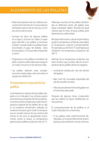 ManagementGuide | LOHMANN TIERZUCHT 8
Alojamiento de las Pollitas
•	 Mida la temperatura de las criadoras ubi-
candoeltermómetro8cmhaciaadentro
del borde externo de las mismas y 8 cm
por encima de la cama.
•	 Sumerja los picos de algunas pollitas
en el agua y accione los niples o copas
para estimular a las pollitas a comenzar
a beber. Cuando todas las pollitas hayan
encontrado el agua de bebida (esto
tomará aprox. 2-3 horas) ellas empezarán
a comer.
•	 Proporcione a las pollitas comederos de
platootazonesadicionalesparaasegurar
un mejor consumo en los primeros días.
•	 Las pollitas deberán estar comple-
tamente emplumadas antes de retirar el
equipo de calefacción.
Temperatura corporal de las
pollitas
La temperatura corporal de las pollitas alo-
jadas es un indicador muy útil para ajustar
la temperatura ambiente de forma óptima.
Una herramienta simple para medir la tem-
peratura corporal de las pollitas de un día,
es el moderno termómetro utilizado en
medicina humana para medir la tempera-
tura en el oído externo. El uso correcto del
mismo en las aves es apoyándolo suave-
mente contra la cloaca. La temperatura
óptimadelaspollitasoscilaentre40y41°C.
Obtenga muestras de las pollitas distribuí-
das en diferentes partes del galpón para
lograr resultados fiables. Proceda de igual
manera que lo hace al pesar pollitas para
determinar la uniformidad.
Recojalainformación,calculeelpromedioy
ajuste la temperatura ambiente para lograr
la temperatura corporal correspondiente.
Porejemplo,aumente0.5°Clatemperatura
ambiente si la temperatura corporal es de
39.5 °C.
Además de la temperatura ambiente, hay
otros factores que pueden afectar la tem-
peratura de las pollitas de forma negativa:
•	 Insuficiente distribución del aire dentro
del galpón.
•	 Bajo nivel de humedad (capacidad del
aire de transferir el calor).
•	 Falta de precalentamiento del galpón en
el momento adecuado.
Después de algunas horas, compruebe
que las pollitas se hayan establecido co-
rrectamente.
El comportamiento de las pollitas es el
mejor indicador de su bienestar:
•	 Si las pollitas están uniformemente dis-
tribuídasysemuevenlibremente,latem-
peraturaylaventilaciónsonlascorrectas.
 