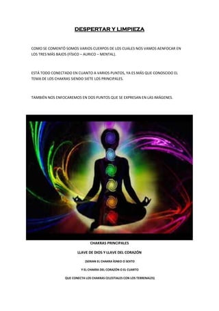 DESPERTAR Y LIMPIEZA
COMO SE COMENTÓ SOMOS VARIOS CUERPOS DE LOS CUALES NOS VAMOS AENFOCAR EN
LOS TRES MÁS BAJOS (FÍSICO – AURICO – MENTAL).
ESTÁ TODO CONECTADO EN CUANTO A VARIOS PUNTOS, YA ES MÁS QUE CONOSCIDO EL
TEMA DE LOS CHAKRAS SIENDO SIETE LOS PRINCIPALES.
TAMBIÉN NOS ENFOCAREMOS EN DOS PUNTOS QUE SE EXPRESAN EN LAS IMÁGENES.
CHAKRAS PRINCIPALES
LLAVE DE DIOS Y LLAVE DEL CORAZÓN
(SERIAN EL CHAKRA ÍGNEO O SEXTO
Y EL CHAKRA DEL CORAZÓN O EL CUARTO
QUE CONECTA LOS CHAKRAS CELESTIALES CON LOS TERRENALES)
 