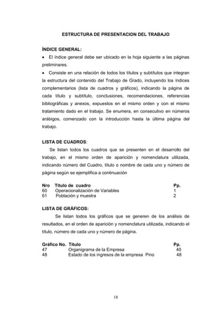 18
ESTRUCTURA DE PRESENTACION DEL TRABAJO
ÍNDICE GENERAL:
 El índice general debe ser ubicado en la hoja siguiente a las páginas
preliminares.
 Consiste en una relación de todos los títulos y subtítulos que integran
la estructura del contenido del Trabajo de Grado, incluyendo los índices
complementarios (lista de cuadros y gráficos), indicando la página de
cada título y subtítulo, conclusiones, recomendaciones, referencias
bibliográficas y anexos, expuestos en el mismo orden y con el mismo
tratamiento dado en el trabajo. Se enumera, en consecutivo en números
arábigos, comenzado con la introducción hasta la última página del
trabajo.
LISTA DE CUADROS:
Se listan todos los cuadros que se presenten en el desarrollo del
trabajo, en el mismo orden de aparición y nomenclatura utilizada,
indicando número del Cuadro, título o nombre de cada uno y número de
página según se ejemplifica a continuación
Nro Título de cuadro Pp.
60 Operacionalización de Variables 1
61 Población y muestra 2
LISTA DE GRÁFICOS:
Se listan todos los gráficos que se generen de los análisis de
resultados, en el orden de aparición y nomenclatura utilizada, indicando el
título, número de cada uno y número de página.
Gráfico No. Título Pp.
47 Organigrama de la Empresa 40
48 Estado de los ingresos de la empresa Pino 48
 