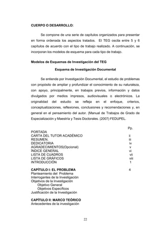 22
CUERPO O DESARROLLO:
Se compone de una serie de capítulos organizados para presentar
en forma ordenada los aspectos tratados. El TEG oscila entre 5 y 6
capítulos de acuerdo con el tipo de trabajo realizado. A continuación, se
incorporan los modelos de esquema para cada tipo de trabajo.
Modelos de Esquemas de Investigación del TEG
Esquema de Investigación Documental
Se entiende por Investigación Documental, el estudio de problemas
con propósito de ampliar y profundizar el conocimiento de su naturaleza,
con apoyo, principalmente, en trabajos previos, información y datos
divulgados por medios impresos, audiovisuales o electrónicos. La
originalidad del estudio se refleja en el enfoque, criterios,
conceptualizaciones, reflexiones, conclusiones y recomendaciones y, en
general en el pensamiento del autor. (Manual de Trabajos de Grado de
Especialización y Maestría y Tesis Doctorales. (2007) FEDUPEL.
Pp.
PORTADA
CARTA DEL TUTOR ACADÉMICO ii
RESUMEN. iii
DEDICATORIA iv
AGRADECIMIENTOS(Opcional) v
ÍNDICE GENERAL vi
LISTA DE CUADROS vii
LISTA DE GRÁFICOS viii
INTRODUCCIÓN 1
CAPÍTULO I: EL PROBLEMA 4
Planteamiento del Problema
Interrogantes de la Investigación
Objetivos de la Investigación
Objetivo General
Objetivos Específicos
Justificación de la Investigación
CAPÍTULO II: MARCO TEÓRICO
Antecedentes de la investigación
 