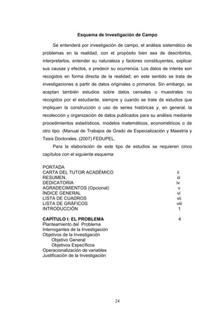24
Esquema de Investigación de Campo
Se entenderá por investigación de campo, el análisis sistemático de
problemas en la realidad, con el propósito bien sea de describirlos,
interpretarlos, entender su naturaleza y factores constituyentes, explicar
sus causas y efectos, o predecir su ocurrencia. Los datos de interés son
recogidos en forma directa de la realidad; en este sentido se trata de
investigaciones a partir de datos originales o primarios. Sin embargo, se
aceptan también estudios sobre datos censales o muestrales no
recogidos por el estudiante, siempre y cuando se trate de estudios que
impliquen la construcción o uso de series históricas y, en general, la
recolección y organización de datos publicados para su análisis mediante
procedimientos estadísticos, modelos matemáticos, econométricos o de
otro tipo. (Manual de Trabajos de Grado de Especialización y Maestría y
Tesis Doctorales. (2007) FEDUPEL.
Para la elaboración de este tipo de estudios se requieren cinco
capítulos con el siguiente esquema:
PORTADA
CARTA DEL TUTOR ACADÉMICO ii
RESUMEN. iii
DEDICATORIA iv
AGRADECIMIENTOS (Opcional) v
ÍNDICE GENERAL vi
LISTA DE CUADROS vii
LISTA DE GRÁFICOS viii
INTRODUCCIÓN 1
CAPÍTULO I: EL PROBLEMA 4
Planteamiento del Problema
Interrogantes de la Investigación
Objetivos de la Investigación
Objetivo General
Objetivos Específicos
Operacionalización de variables
Justificación de la Investigación
 