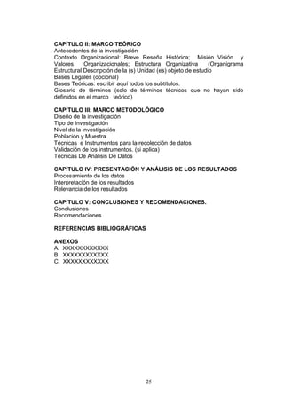 25
CAPÍTULO II: MARCO TEÓRICO
Antecedentes de la investigación
Contexto Organizacional: Breve Reseña Histórica; Misión Visión y
Valores Organizacionales; Estructura Organizativa (Organigrama
Estructural Descripción de la (s) Unidad (es) objeto de estudio
Bases Legales (opcional)
Bases Teóricas: escribir aquí todos los subtítulos.
Glosario de términos (solo de términos técnicos que no hayan sido
definidos en el marco teórico)
CAPÍTULO III: MARCO METODOLÓGICO
Diseño de la investigación
Tipo de Investigación
Nivel de la investigación
Población y Muestra
Técnicas e Instrumentos para la recolección de datos
Validación de los instrumentos. (si aplica)
Técnicas De Análisis De Datos
CAPÍTULO IV: PRESENTACIÓN Y ANÁLISIS DE LOS RESULTADOS
Procesamiento de los datos
Interpretación de los resultados
Relevancia de los resultados
CAPÍTULO V: CONCLUSIONES Y RECOMENDACIONES.
Conclusiones
Recomendaciones
REFERENCIAS BIBLIOGRÁFICAS
ANEXOS
A. XXXXXXXXXXXX
B XXXXXXXXXXXX
C. XXXXXXXXXXXX
 