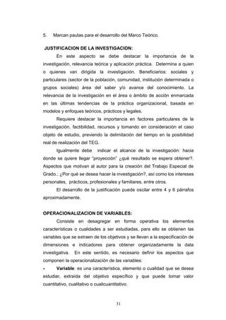 31
5. Marcan pautas para el desarrollo del Marco Teórico.
JUSTIFICACION DE LA INVESTIGACION:
En este aspecto se debe destacar la importancia de la
investigación, relevancia teórica y aplicación práctica. Determina a quien
o quienes van dirigida la investigación. Beneficiarios: sociales y
particulares (sector de la población, comunidad, institución determinada o
grupos sociales) área del saber y/o avance del conocimiento. La
relevancia de la investigación en el área o ámbito de acción enmarcada
en las últimas tendencias de la práctica organizacional, basada en
modelos y enfoques teóricos, prácticos y legales.
Requiere destacar la importancia en factores particulares de la
investigación, factibilidad, recursos y tomando en consideración el caso
objeto de estudio, previendo la delimitación del tiempo en la posibilidad
real de realización del TEG.
Igualmente debe indicar el alcance de la investigación: hacia
donde se quiere llegar “proyección” ¿qué resultado se espera obtener?.
Aspectos que motivan al autor para la creación del Trabajo Especial de
Grado.: ¿Por qué se desea hacer la investigación?, así como los intereses
personales, prácticos, profesionales y familiares, entre otros.
El desarrollo de la justificación puede oscilar entre 4 y 6 párrafos
aproximadamente.
OPERACIONALIZACION DE VARIABLES:
Consiste en desagregar en forma operativa los elementos
características o cualidades a ser estudiadas, para ello se obtienen las
variables que se extraen de los objetivos y se llevan a la especificación de
dimensiones e indicadores para obtener organizadamente la data
investigativa. En este sentido, es necesario definir los aspectos que
componen la operacionalización de las variables:
- Variable: es una característica, elemento o cualidad que se desea
estudiar, extraída del objetivo específico y que puede tomar valor
cuantitativo, cualitativo o cualicuantitativo.
 
