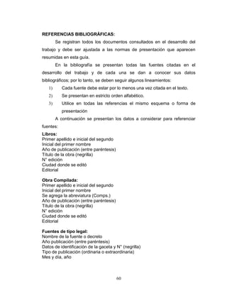60
REFERENCIAS BIBLIOGRÁFICAS:
Se registran todos los documentos consultados en el desarrollo del
trabajo y debe ser ajustada a las normas de presentación que aparecen
resumidas en esta guía.
En la bibliografía se presentan todas las fuentes citadas en el
desarrollo del trabajo y de cada una se dan a conocer sus datos
bibliográficos; por lo tanto, se deben seguir algunos lineamientos:
1) Cada fuente debe estar por lo menos una vez citada en el texto.
2) Se presentan en estricto orden alfabético.
3) Utilice en todas las referencias el mismo esquema o forma de
presentación
A continuación se presentan los datos a considerar para referenciar
fuentes:
Libros:
Primer apellido e inicial del segundo
Inicial del primer nombre
Año de publicación (entre paréntesis)
Título de la obra (negrilla)
N° edición
Ciudad donde se editó
Editorial
Obra Compilada:
Primer apellido e inicial del segundo
Inicial del primer nombre
Se agrega la abreviatura (Comps.)
Año de publicación (entre paréntesis)
Título de la obra (negrilla)
N° edición
Ciudad donde se editó
Editorial
Fuentes de tipo legal:
Nombre de la fuente o decreto
Año publicación (entre paréntesis)
Datos de identificación de la gaceta y N° (negrilla)
Tipo de publicación (ordinaria o extraordinaria)
Mes y día, año
 