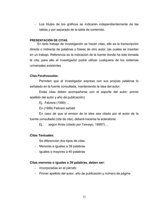 71
- Los títulos de los gráficos se indicarán independientemente de las
tablas y por separado de la tabla de contenido.
PRESENTACIÓN DE CITAS:
En todo trabajo de investigación se hacen citas, ello es la transcripción
directa o indirecta de palabras y frases de otro autor, las cuales se insertan
en un trabajo. Referencia es la indicación de la fuente donde ha sido tomada
la cita; para ello el investigador podrá utilizar cualquiera de los sistemas
universales existentes.
Citas Parafraseadas:
Permiten que el investigador exprese con sus propias palabras lo
señalado en la fuente consultada, manteniendo la idea del autor.
Estas citas deben acompañarse con el soporte del autor: primer
apellido del autor y año de publicación).
Ej. Febrere (1999) …
En (1999) Febrere señaló
En caso de que el emisor de la idea sea citado por el autor de la
fuente consultada (cita de cita), deberá hacerse la aclaratoria:
Ej.: según Arias (citado por Tamayo, 19997) ...
Citas Textuales:
Se diferencian dos tipos de citas:
- Menores e iguales a 39 palabras
- Iguales o mayores a 40 palabras
Citas menores o iguales a 39 palabras, deben ser:
- Incorporadas en el párrafo
- Primer apellido del autor, año de publicación y número de página
 