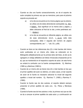 73
- Cuando se cita una fuente consecutivamente, se da el soporte de
autor completo la primera vez que se menciona, pero para el próximo
soporte se procede así:
a) si la cita se encuentra en la misma página que la anterior,
se utiliza una de estas abreviaturas subrayadas: ib., ibid.,
o ibidem. Que significan en la misma obra y página, y
debe colocarse al final de la cita y entre paréntesis así:
“… (ibidem.)
b) si la cita se encuentra en diferente página, se utiliza una
de esas abreviaturas: ob.cit., u op.cit. (sólo ésta
subrayada), debe ir seguida del número de página
correspondiente, así: “… “ (ob. Cit., p.89)
- Cuando se tiene en las referencias dos (2) o más fuentes del mismo
autor publicadas en un mismo año, éstas se ordenarán en la
Bibliografía alfabéticamente por la primera letra del título, al año se le
agregará un código alfabético (en letras minúsculas empezando por la
a), que se mantendrá en el respectivo soporte de autor; de esta forma
se evitará la confusión con la fuente correspondiente. Ej. Martínez
(1980 a) y Martínez (1980 b).
- Cuando de un mismo año se tienen dos (2) o más fuentes en las que
el primer apellido del autor es idéntico, en estos casos, al dar soporte
de autor de la fuente es necesario adicionar la inicial del segundo
apellido o inicial del nombre. Ej.: Ramírez T. (1995) y Ramírez F.
(1995).
- Cuando la fuente sea de dos autores, el soporte deberá siempre
presentar el primer apellido de cada uno, Ej.: Pérez y Mendoza
(1999).
- Cuando la fuente sea de tres autores o más, la primera vez que se cita
se da a conocer el primer apellido de cada autor y a continuación se
 