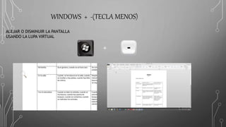 WINDOWS + -(TECLA MENOS)
ALEJAR O DISMINUIR LA PANTALLA
USANDO LA LUPA VIRTUAL
+
 