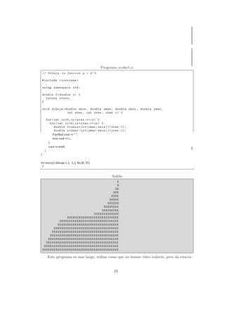 15
if(y>f(x)) cout <<" ";
else cout <<c;
}
cout <<endl;
}
}
int main() {dibuja(-1,1, -1,1, 40,20,’X’);
 