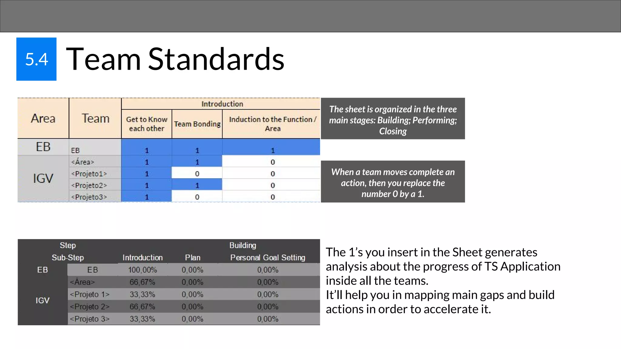 5.4 Team Standards
The sheet is organized in the three
main stages: Building; Performing;
Closing
When a team moves complete an
action, then you replace the
number 0 by a 1.
The 1’s you insert in the Sheet generates
analysis about the progress of TS Application
inside all the teams.
It’ll help you in mapping main gaps and build
actions in order to accelerate it.
 