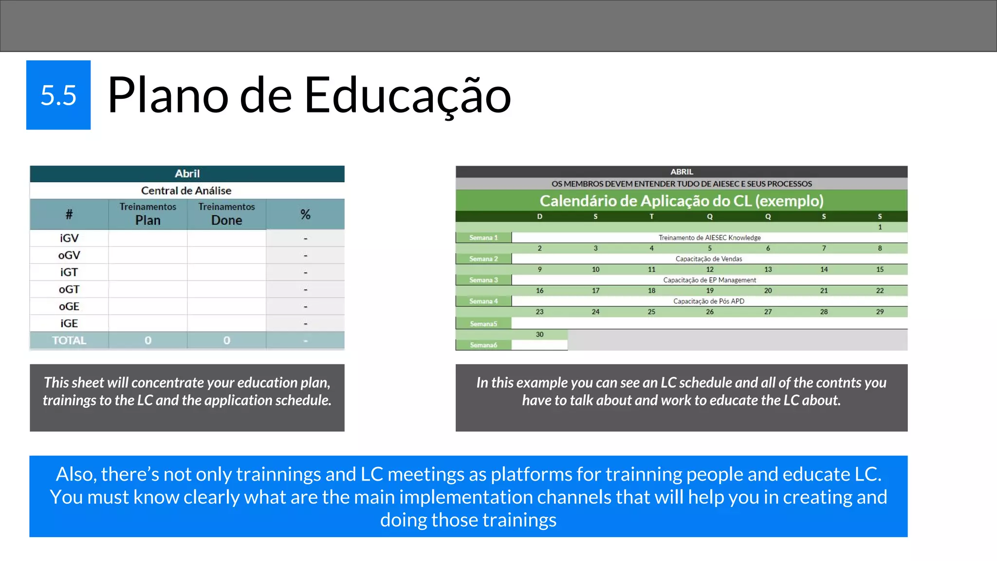 5.5 Plano de Educação
This sheet will concentrate your education plan,
trainings to the LC and the application schedule.
In this example you can see an LC schedule and all of the contnts you
have to talk about and work to educate the LC about.
Also, there’s not only trainnings and LC meetings as platforms for trainning people and educate LC.
You must know clearly what are the main implementation channels that will help you in creating and
doing those trainings
 
