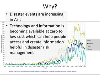 Why?
• Disaster events are increasing
in Asia
• Technology and information is
becoming available at zero to
low cost which can help people
access and create information
helpful in disaster risk
management
 