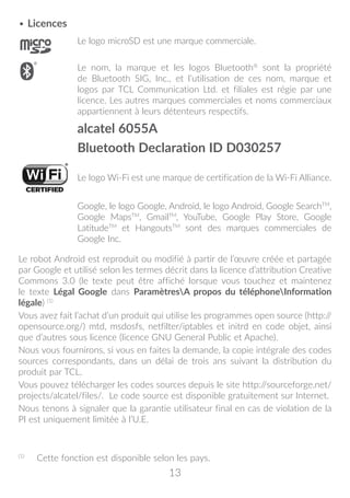 13
• Licences

Le logo microSD est une marque commerciale.
Le nom, la marque et les logos Bluetooth®
sont la propriété
de Bluetooth SIG, Inc., et l’utilisation de ces nom, marque et
logos par TCL Communication Ltd. et filiales est régie par une
licence. Les autres marques commerciales et noms commerciaux
appartiennent à leurs détenteurs respectifs.
alcatel 6055A
Bluetooth Declaration ID D030257

Le logo Wi-Fi est une marque de certification de la Wi-Fi Alliance.
Google, le logo Google, Android, le logo Android, Google SearchTM
,
Google MapsTM
, GmailTM
, YouTube, Google Play Store, Google
LatitudeTM
et HangoutsTM
sont des marques commerciales de
Google Inc.
Le robot Android est reproduit ou modifié à partir de l’œuvre créée et partagée
par Google et utilisé selon les termes décrit dans la licence d’attribution Creative
Commons 3.0 (le texte peut être affiché lorsque vous touchez et maintenez
le texte Légal Google dans ParamètresA propos du téléphoneInformation
légale) (1)
Vous avez fait l’achat d’un produit qui utilise les programmes open source (http://
opensource.org/) mtd, msdosfs, netfilter/iptables et initrd en code objet, ainsi
que d’autres sous licence (licence GNU General Public et Apache).
Nous vous fournirons, si vous en faites la demande, la copie intégrale des codes
sources correspondants, dans un délai de trois ans suivant la distribution du
produit par TCL.
Vous pouvez télécharger les codes sources depuis le site http://sourceforge.net/
projects/alcatel/files/. Le code source est disponible gratuitement sur Internet.
Nous tenons à signaler que la garantie utilisateur final en cas de violation de la
PI est uniquement limitée à l’U.E.
(1)
	 Cette fonction est disponible selon les pays.
 